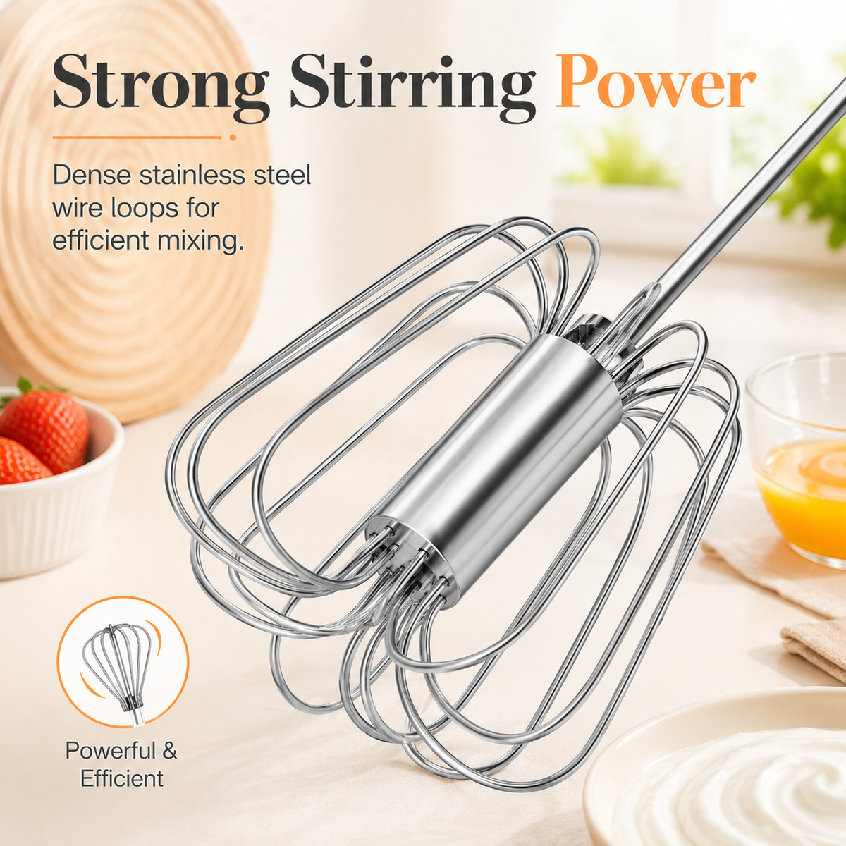 Semi-Automatic Stainless Steel Rotary Egg Whisk – No Battery, No Plug, Just Press & Mix