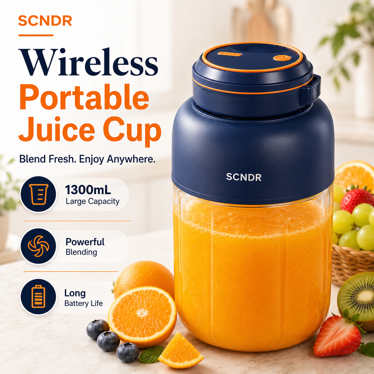SCNDR® 1300mL Wireless Portable Juice Cup – Rechargeable Smoothie Blender for Fresh Juice, Shakes & Travel