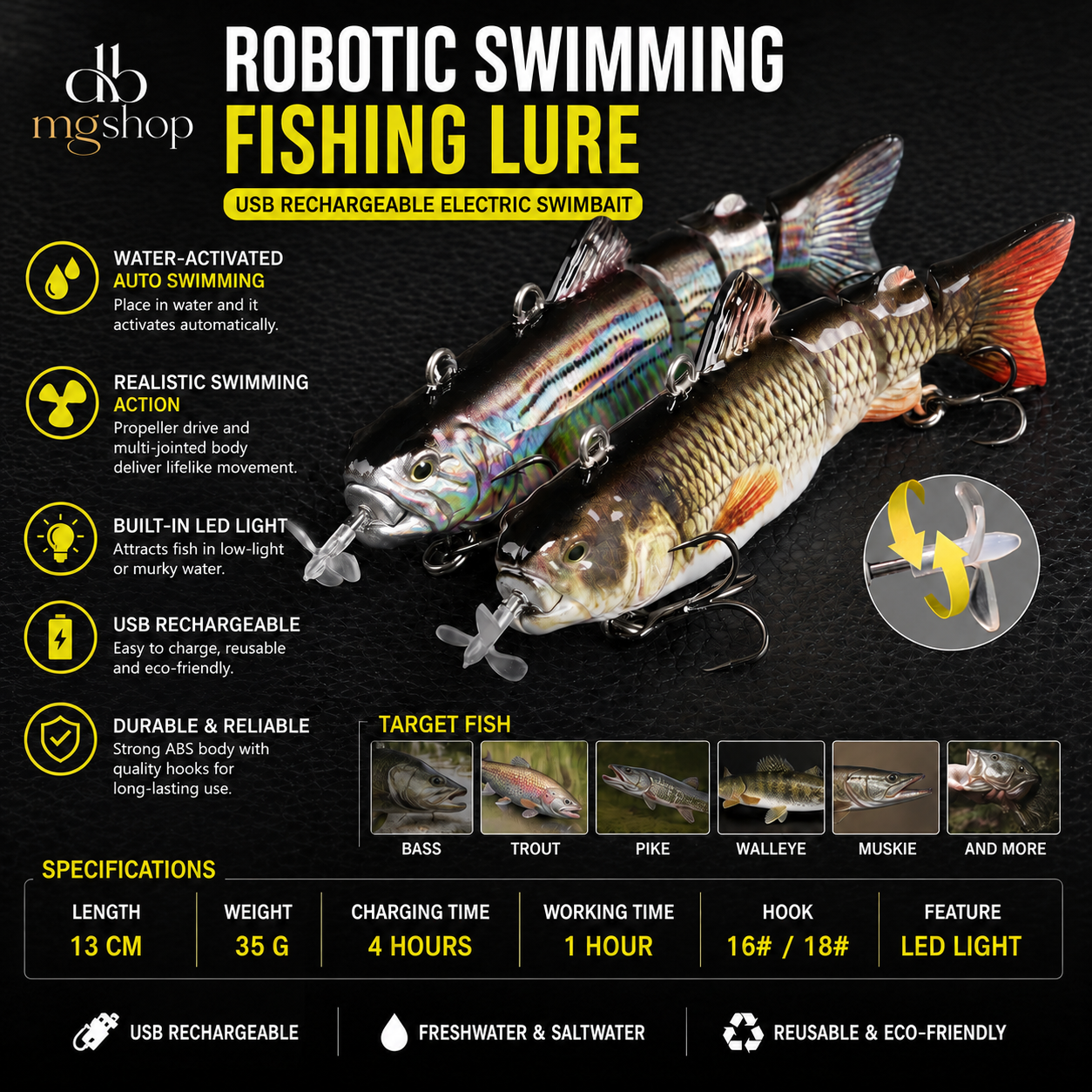 Lifelike Auto Swimming Fishing Lure – 5.12" Rechargeable Robotic Swimbait
