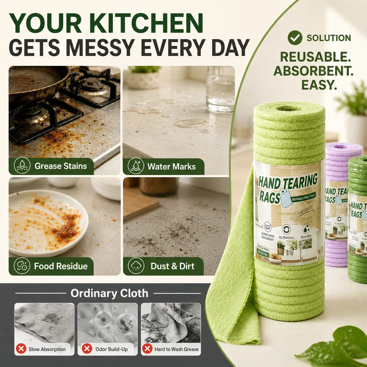 Thick Tear-Off Cleaning Cloth Roll | Reusable Absorbent Kitchen Wipes