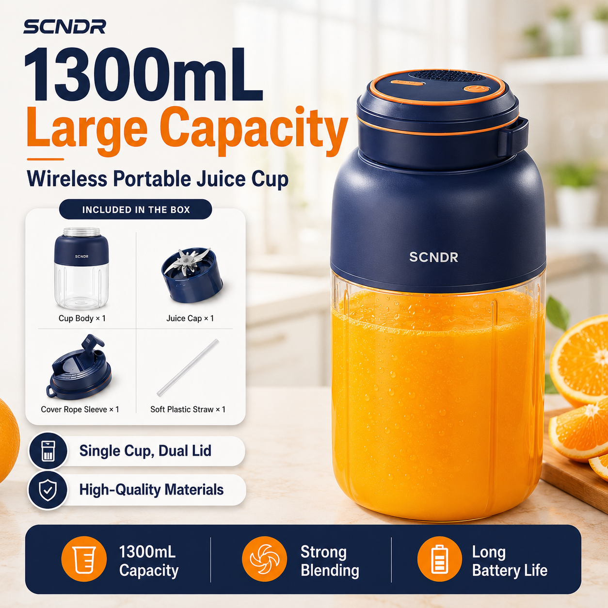 SCNDR® 1300mL Wireless Portable Juice Cup – Rechargeable Smoothie Blender for Fresh Juice, Shakes & Travel
