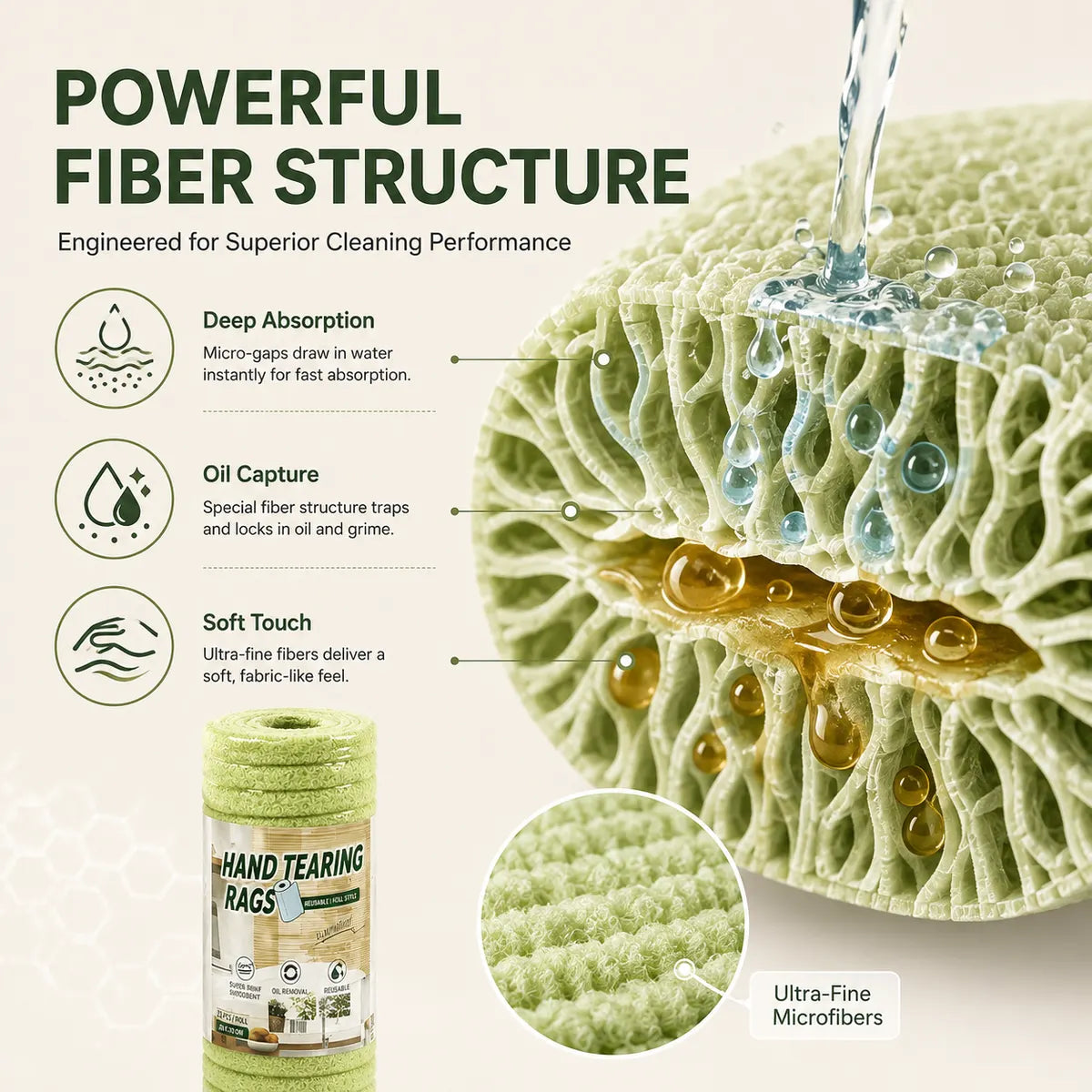 Thick Tear-Off Cleaning Cloth Roll | Reusable Absorbent Kitchen Wipes