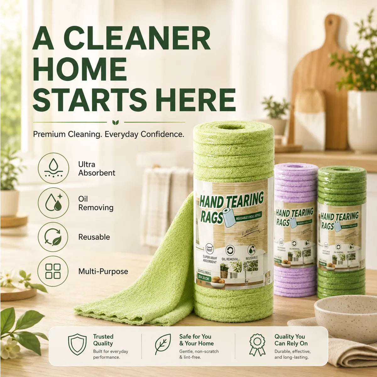 Thick Tear-Off Cleaning Cloth Roll | Reusable Absorbent Kitchen Wipes