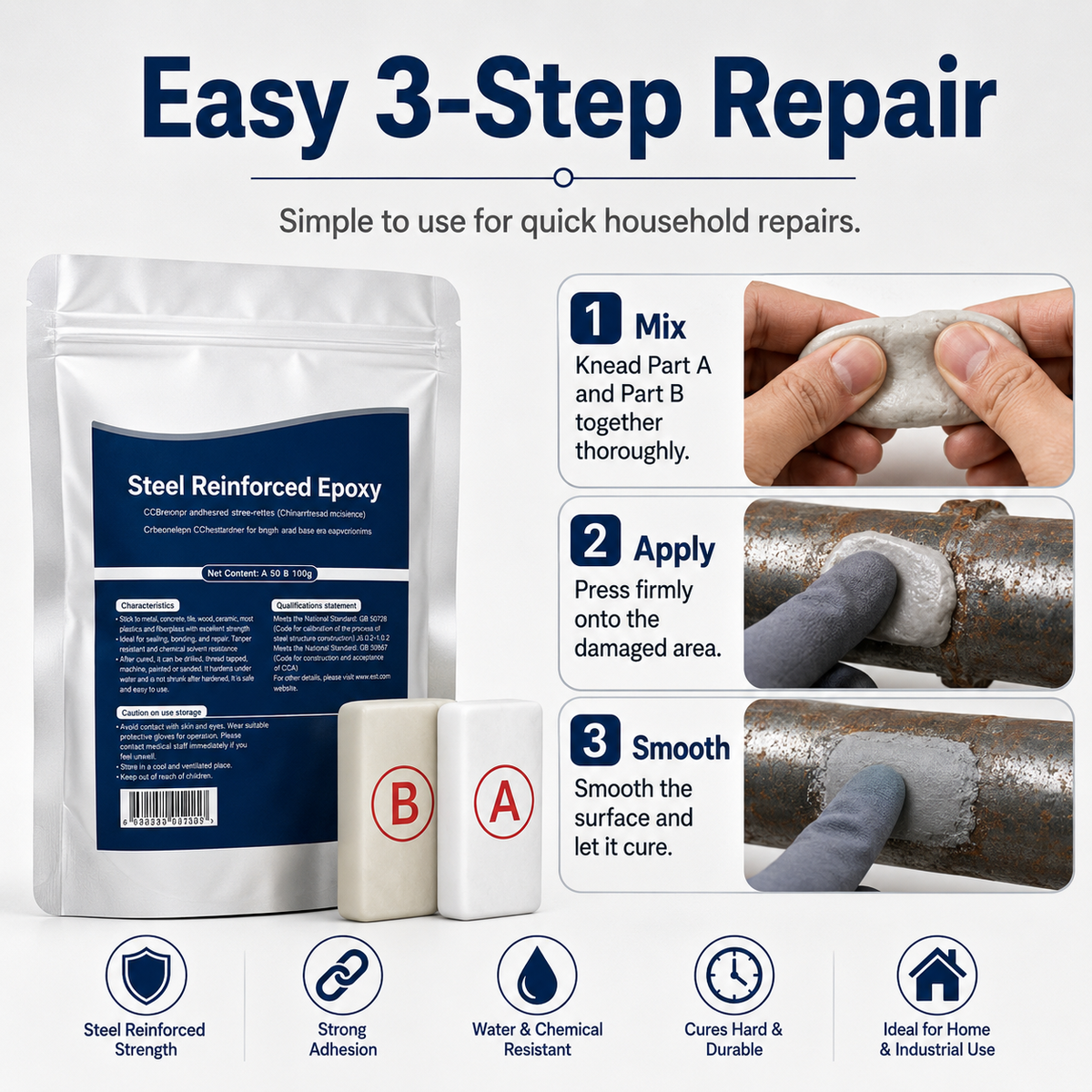 Steel-Reinforced Epoxy Repair Putty Kit – Fill Cracks, Gaps & Broken Surfaces