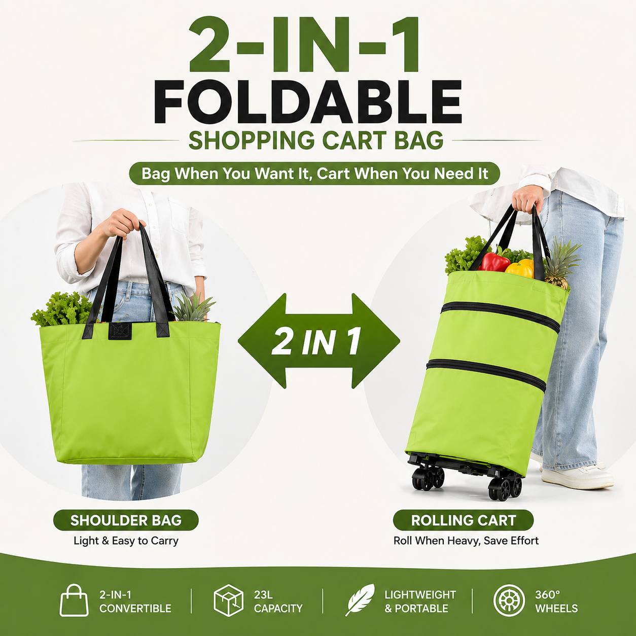 🛒 2-in-1 Foldable Shopping Cart | Shop, Carry & Roll with Ease