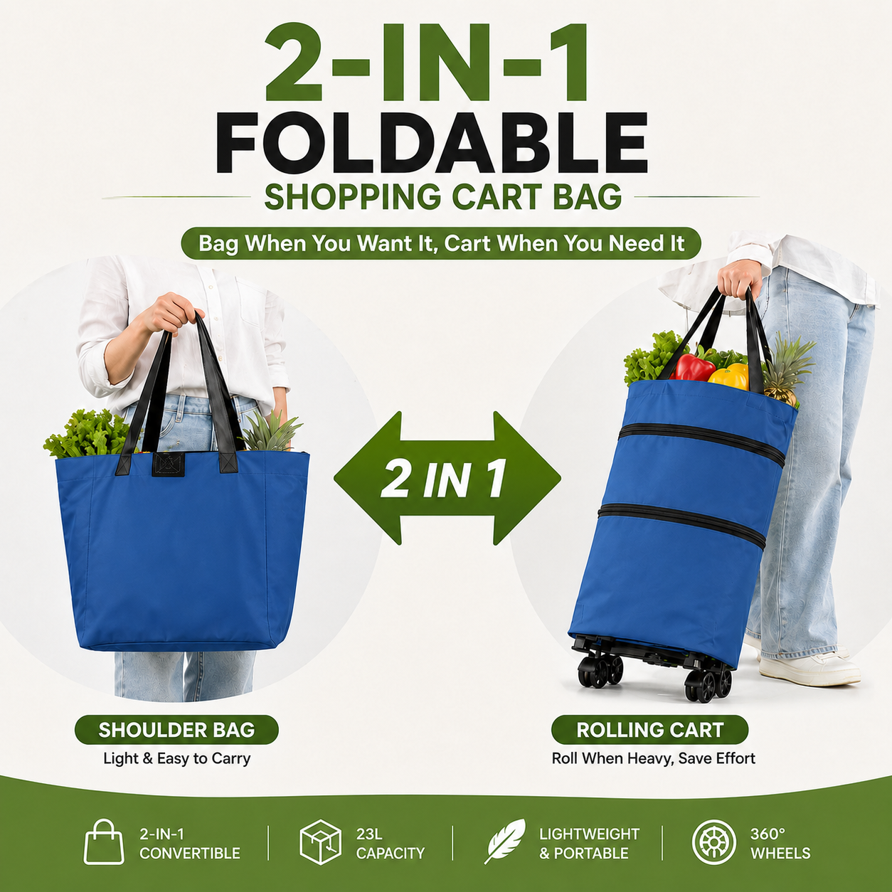 🛒 2-in-1 Foldable Shopping Cart | Shop, Carry & Roll with Ease