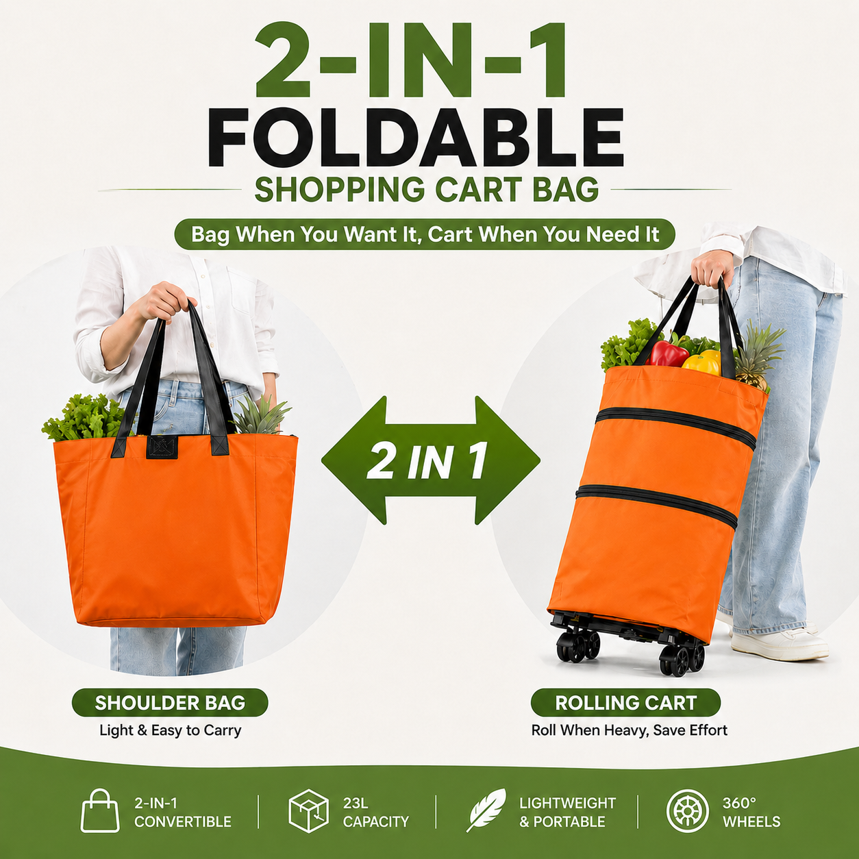 🛒 2-in-1 Foldable Shopping Cart | Shop, Carry & Roll with Ease